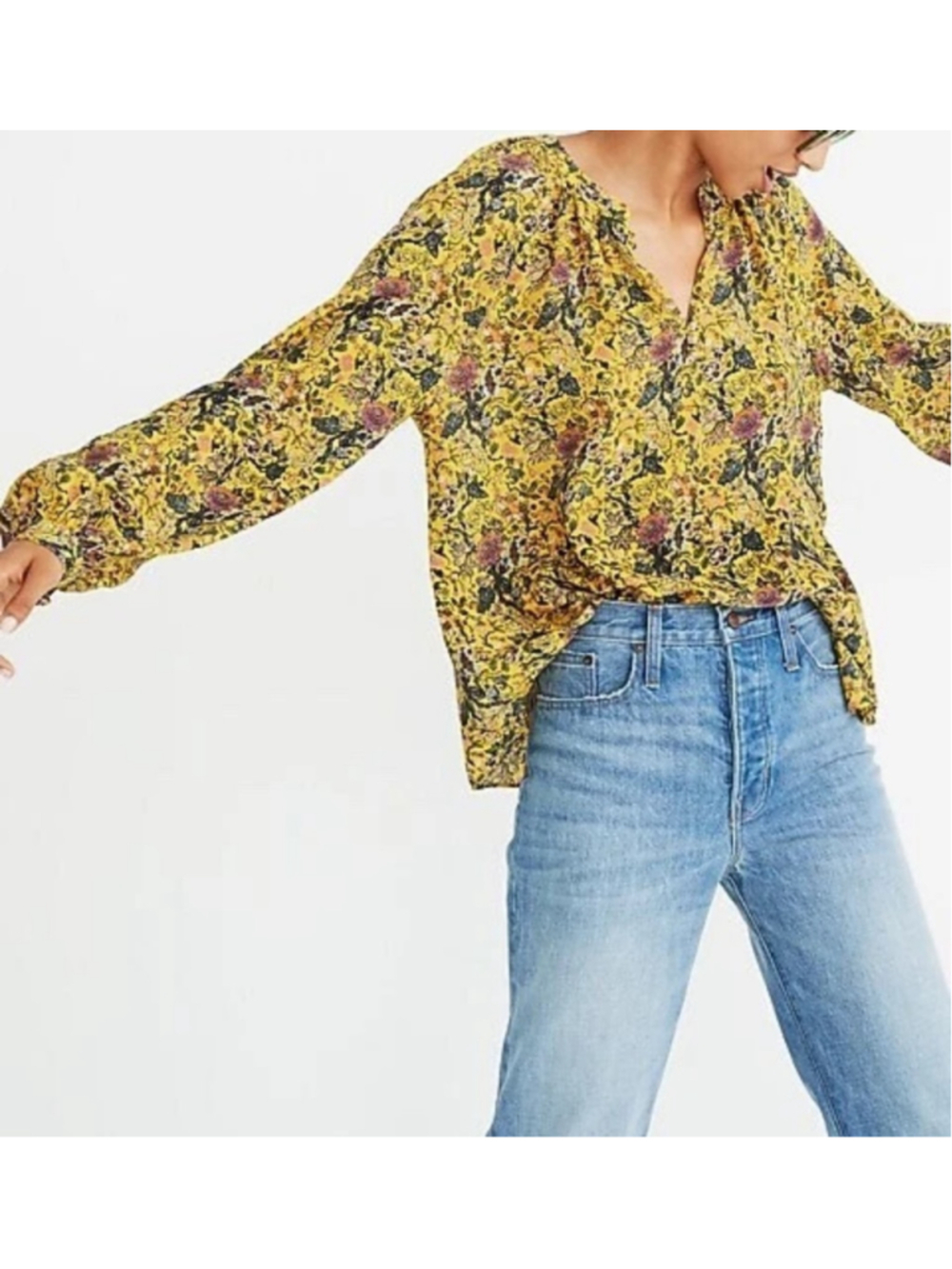 Madewell x Karen Walker 100% Silk Floral Boho Blouse Top Mustard Yellow XL - Picture 2 of 10